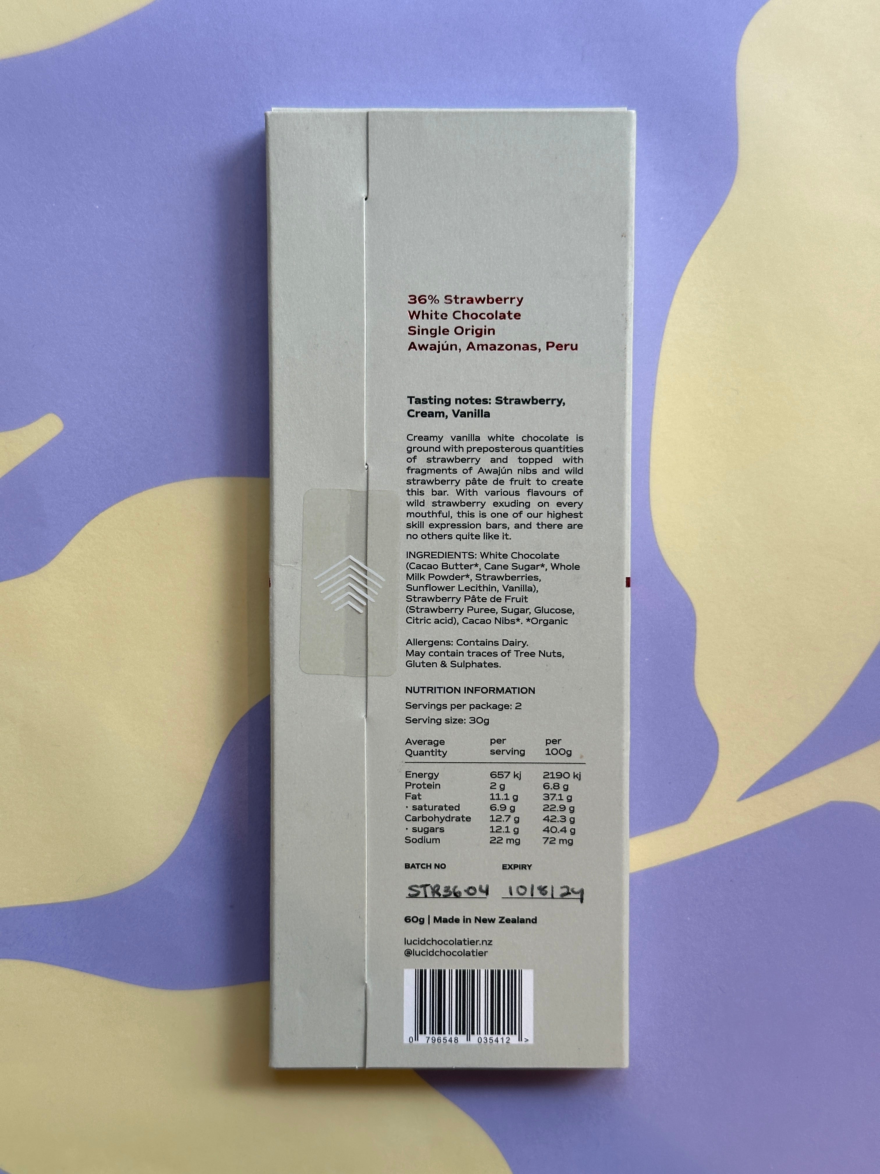 36% Strawberry White Chocolate. Handcrafted Bean to Bar. Single Origin. Awajún, Amazonas, Peru. Nutritional Information