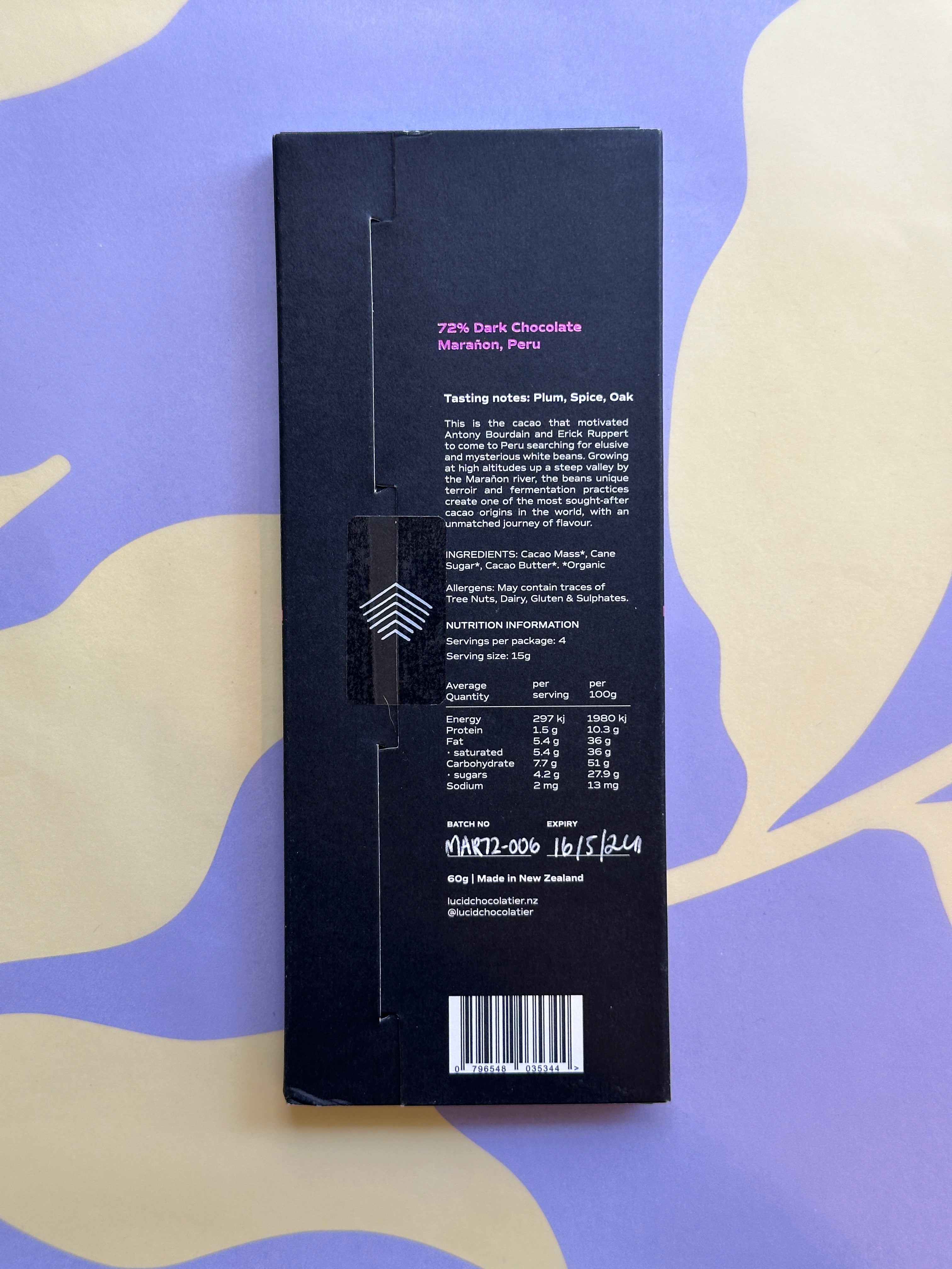 Lucid 72% Dark Chocolate Bean to Bar, Single Origin from Marańõn, Peru. Nutritional Information