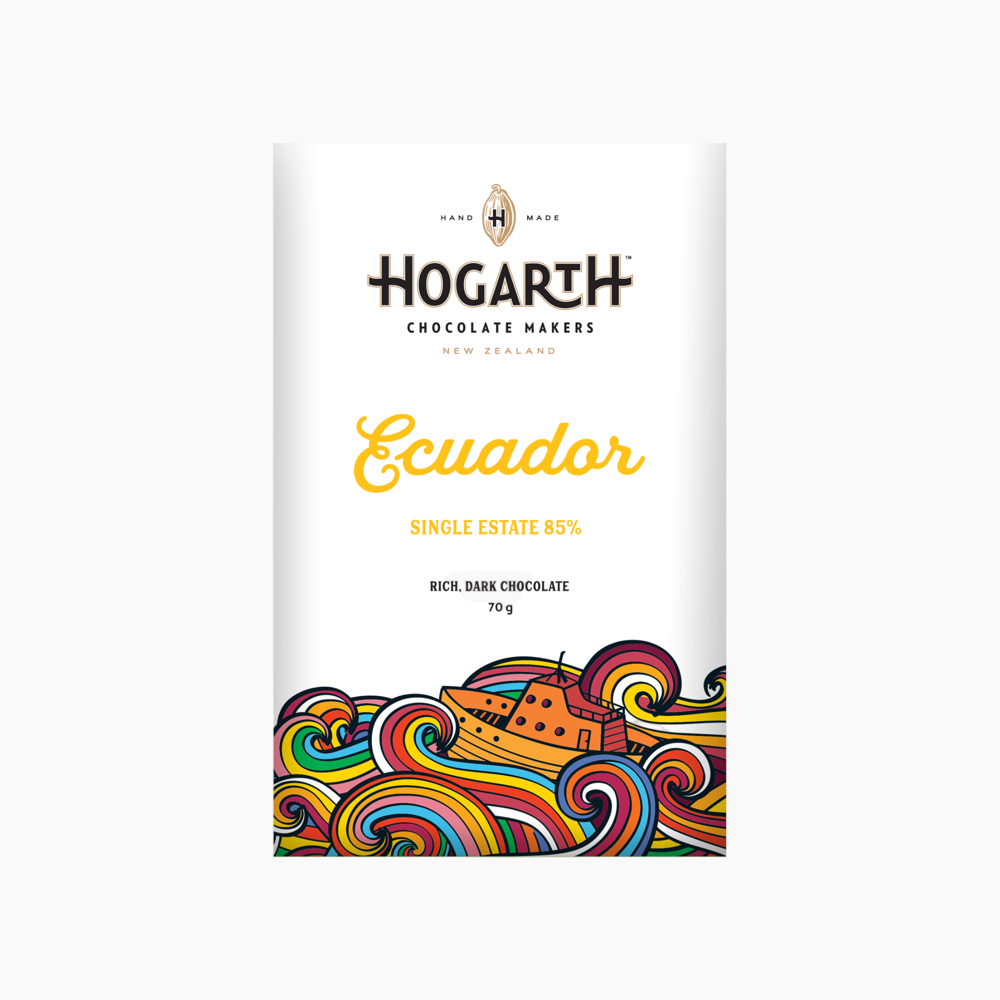 Hogarth 85% chocolate packaging with colorful design and 'Ecuador' text on a white background
