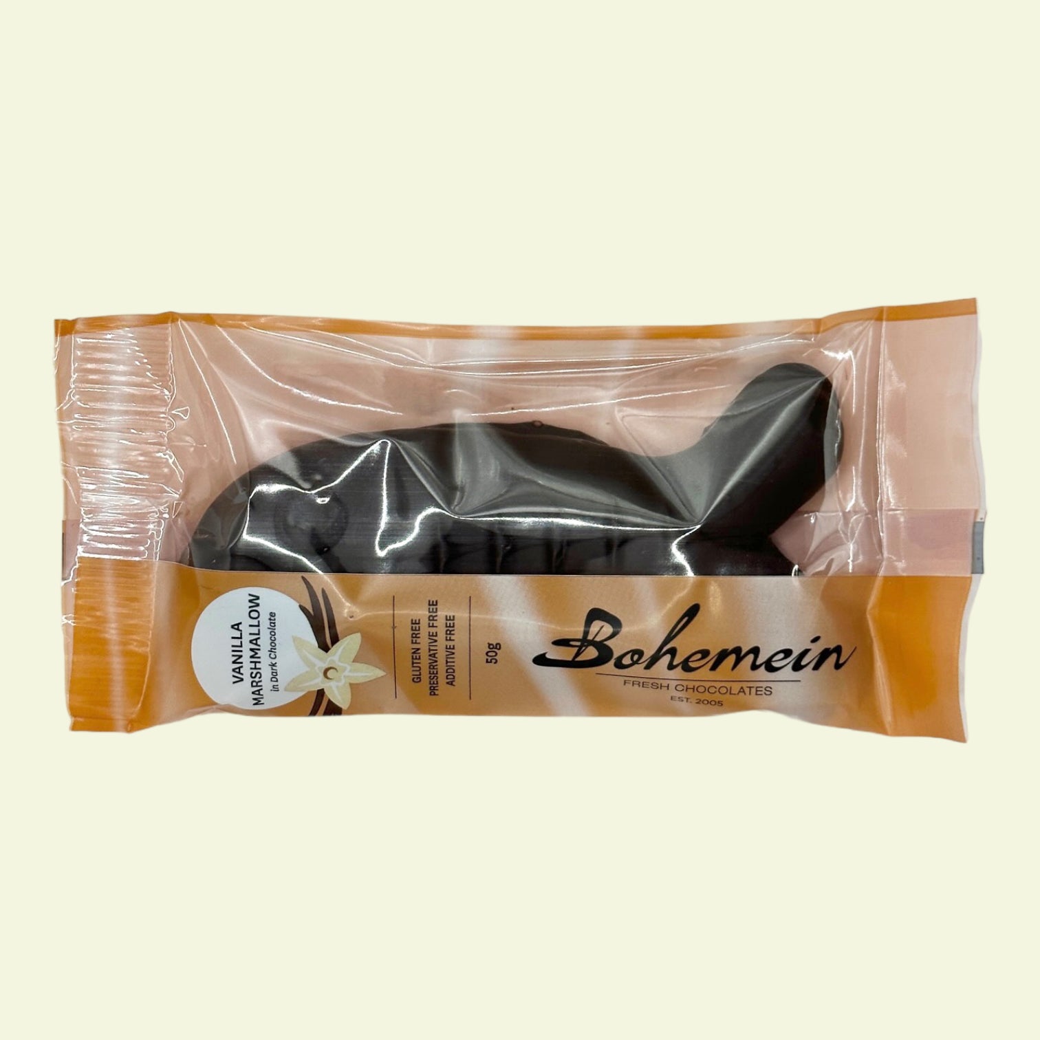 Bohemien 53% Dark Chocolate Vanilla Marshmallow Fish in packaging