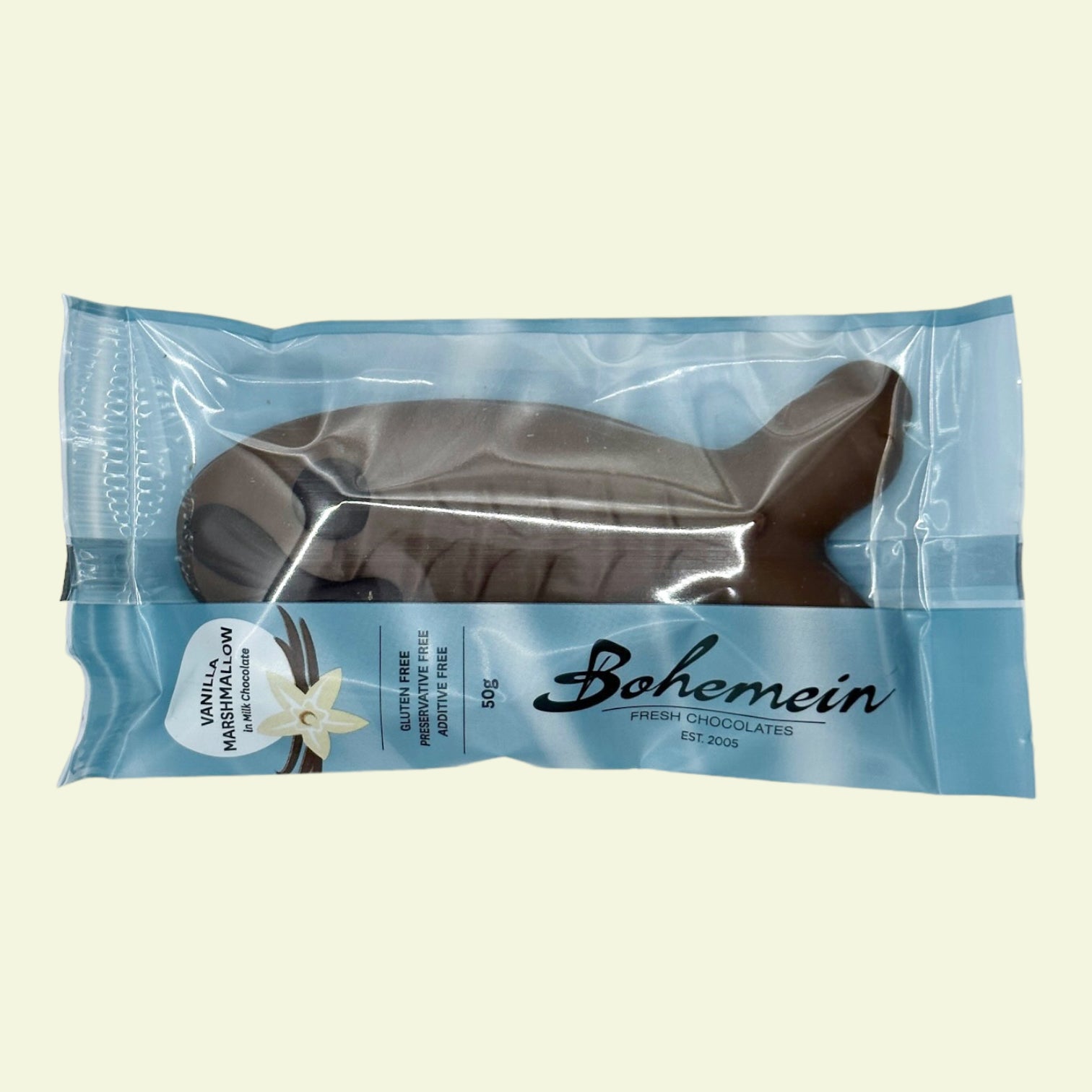 Bohemien 33% Milk Chocolate Vanilla Marshmallow Fish in packaging